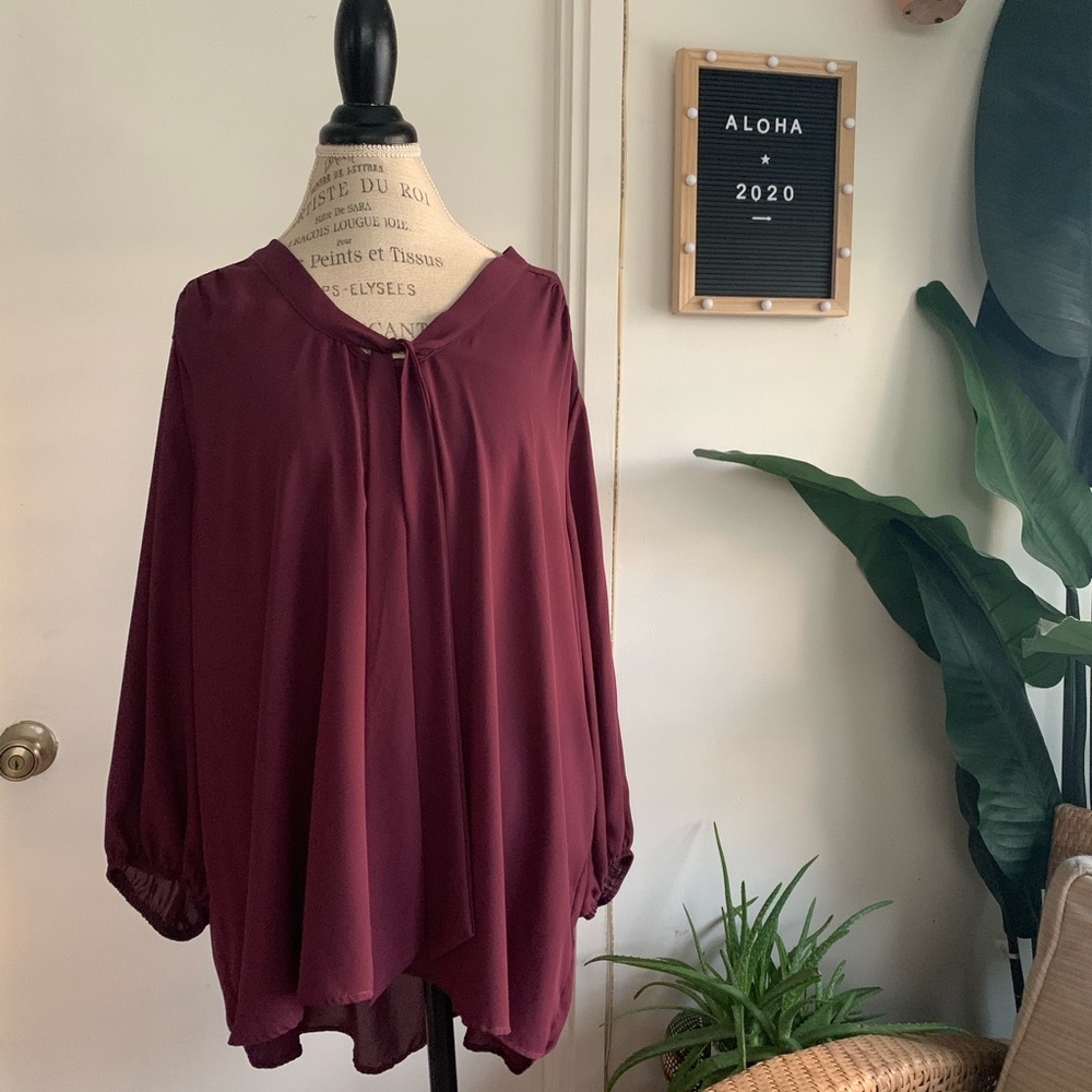 Flowy Maroon Long Sleeve Blouse Plus Size